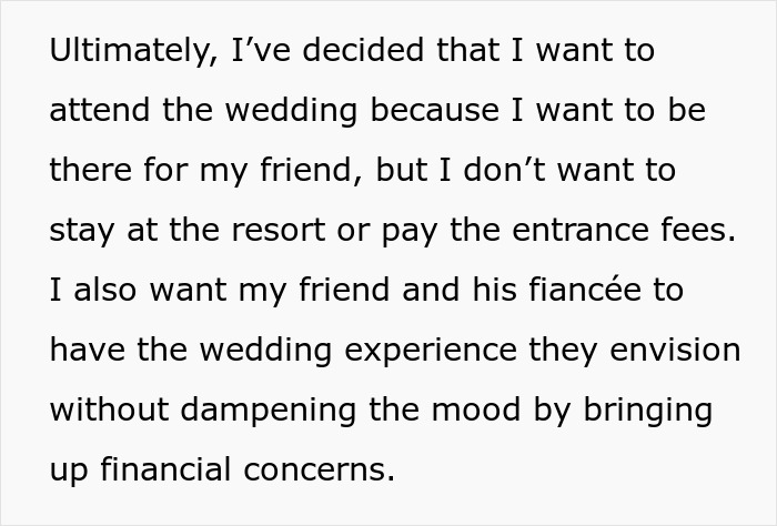 Text about a groomsman's financial concerns with attending a destination wedding.