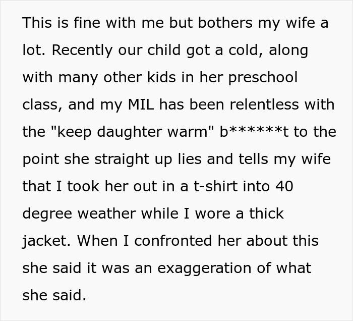 Text message about an overbearing MIL causing family tension by lying about her grandchild's clothing in cold weather.