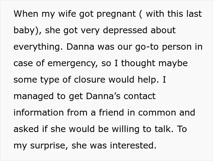 Text from a husband about his wife's depression during pregnancy and seeking closure with a mutual friend, Danna.