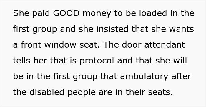 Text about seating protocol and priorities at an airport, mentioning costs and disability accommodations.