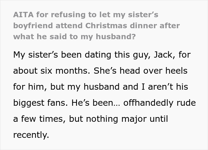 Text about sibling conflict over boyfriend at Christmas dinner due to his behavior.