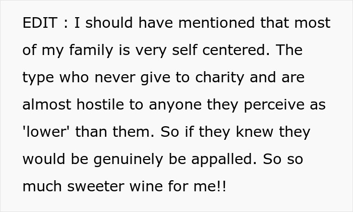 Text about self-centered family not giving to charity, with person feeling satisfied they cleared others' debts.