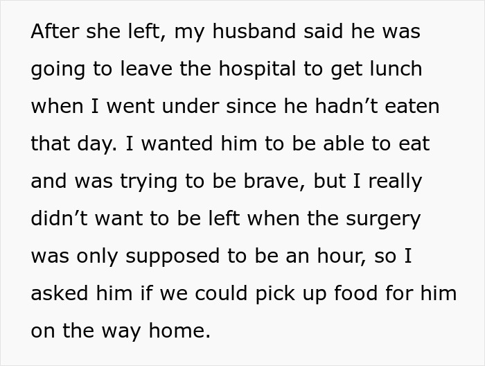 Text discussing a husband leaving during his wife's surgery for lunch.