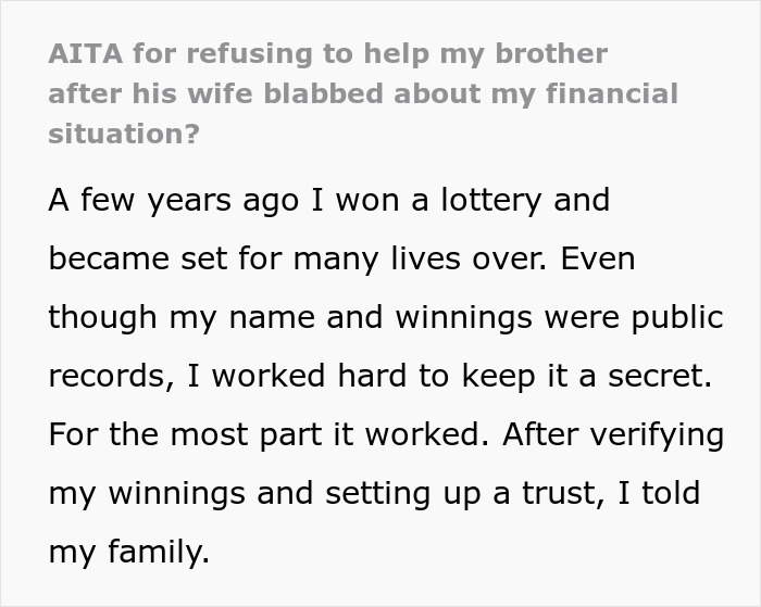 Text about refusing to help brother with finances after lottery winnings.