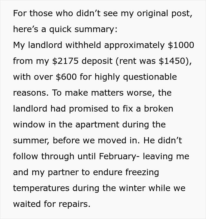 Text summary about tenant court win against a greedy landlord withholding deposit and delaying repairs.