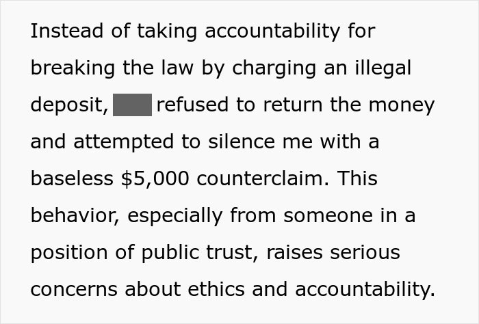 Text excerpt describing a landlord's refusal to return an illegal deposit, involving ethics and accountability.