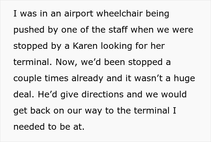 Text describing an encounter at an airport involving a "Karen" and a woman in a wheelchair.