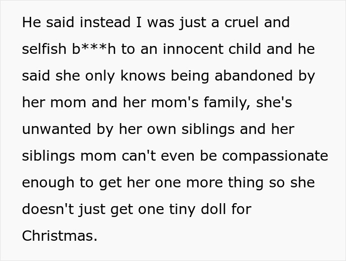 Text discussing not buying a Christmas gift for an ex's child, highlighting themes of abandonment and compassion.