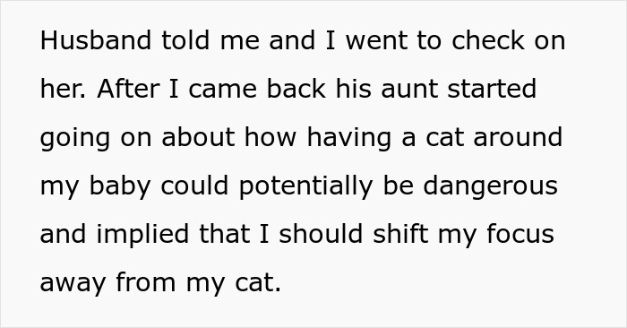 Text about aunt-in-law advising new mom to prioritize baby over cat for safety reasons.