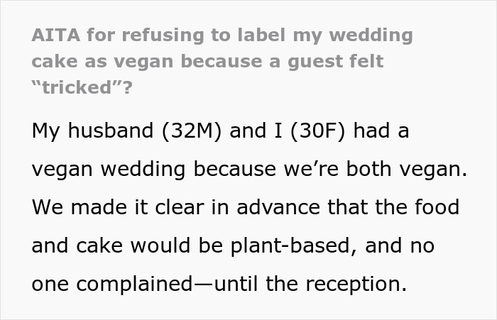 Text about vegan wedding cake guest disagreement over labeling.