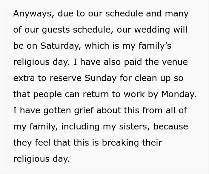 Text discussing family's concern over religious day and wedding scheduling. Keywords: attempt bribe, wedding date change.