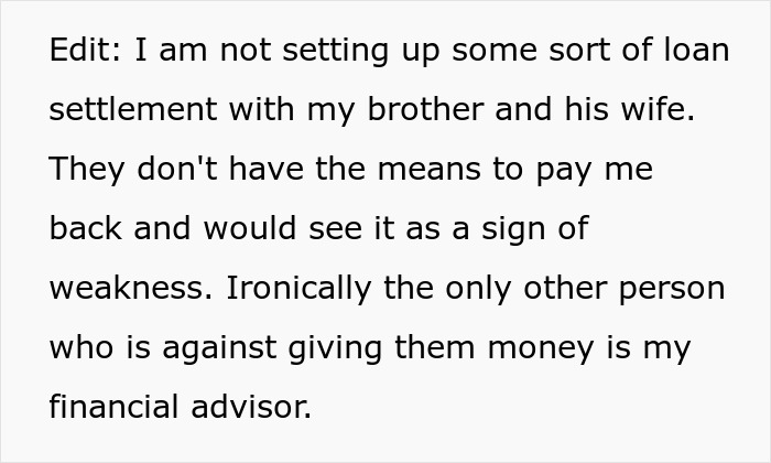 Text discussing brother's financial issues and debt, with a financial advisor's perspective on loan settlement.