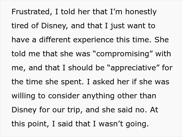 Text excerpt discussing a man's frustration over frequent Disney trips and suggesting Hawaii for a different vacation experience.