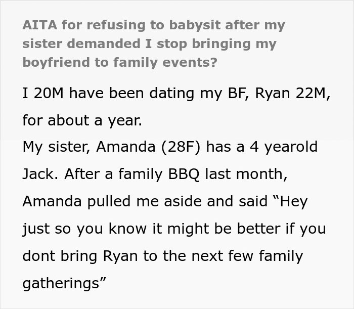 Text image about babysitting conflict due to sister's demand regarding boyfriend at family events.