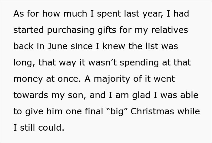 Text from a woman discussing her Christmas gift spending for her numerous relatives.