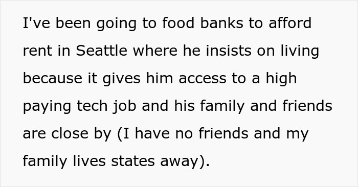 Text about financial struggle: reliance on food banks due to high cost of living, partner earning more but insists on 50/50 bill split.