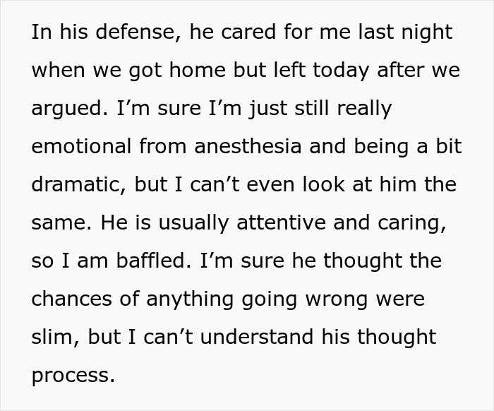 Text describing a husband's defensiveness after leaving his wife during surgery.