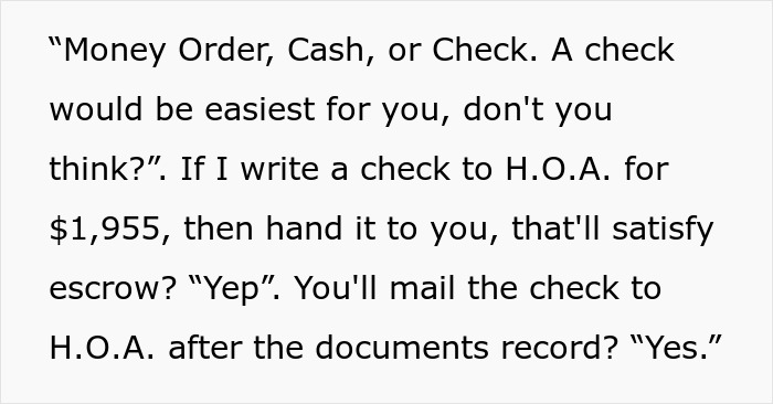 Text conversation about HOA payment options and escrow process.