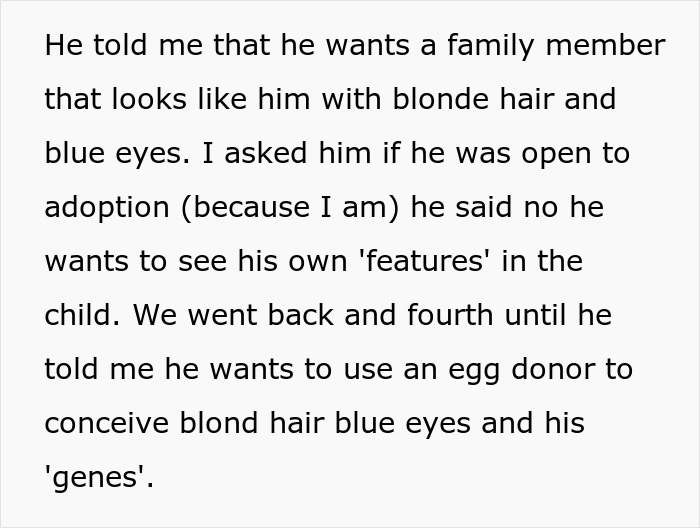 Text describing a man's desire for a child with his physical traits, highlighting a preference for blonde hair and blue eyes.