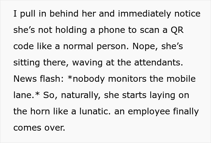 Text describing a scenario where a woman isn't using her phone properly in a mobile lane.