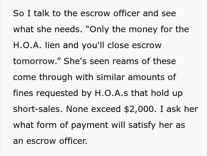 Escrow officer discusses HOA lien fees needed to close escrow, highlighting HOA fund strategies with potential fake violations.