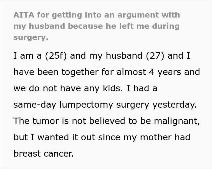 Text description of an argument with husband after he leaves wife during surgery.