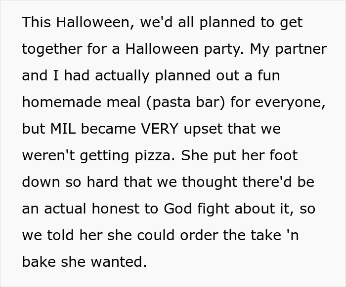 MIL upset over not having pizza at Halloween party, insisting on her favorite pizza place.