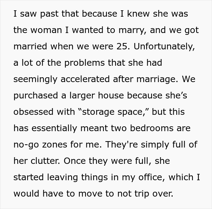 Text describing marriage struggles and storage space issues.