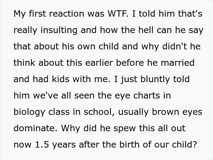 Text excerpt expressing shock over a husband's comments about their child's features.