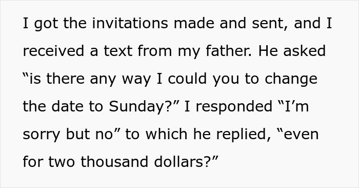 Text exchange about a bribe to change wedding date for two thousand dollars.