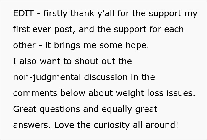 Supportive comments on a social media post addressing fat shaming and weight loss discussions.