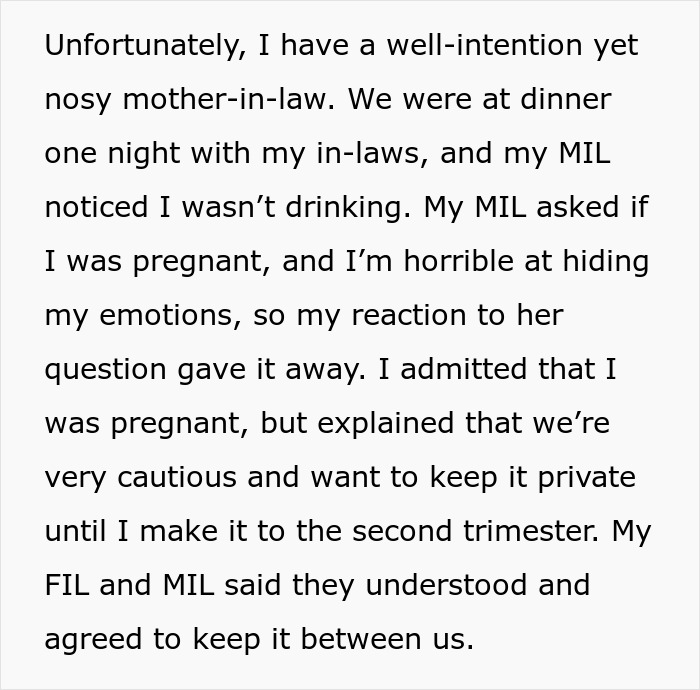 Text about MIL revealing miscarriages, private admission of pregnancy at a family dinner.