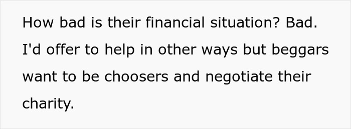 Text on a white background discussing financial help for a brother in debt, mentioning beggars wanting to choose.