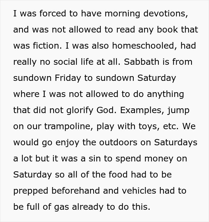 Text describing strict religious upbringing, mentioning homeschooling, restrictions on activities, and Sabbath observance.