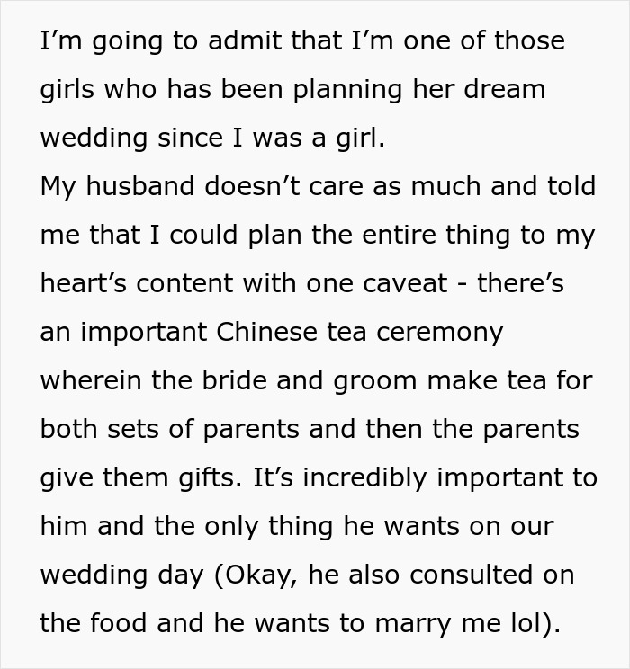 Text discussing a bride planning her wedding with a Chinese tea ceremony tradition.