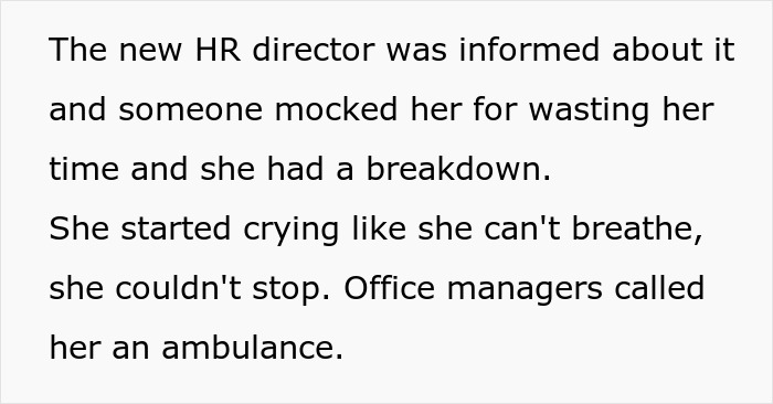 Text description of a mental breakdown experienced by an HR director due to mockery and stress at work.