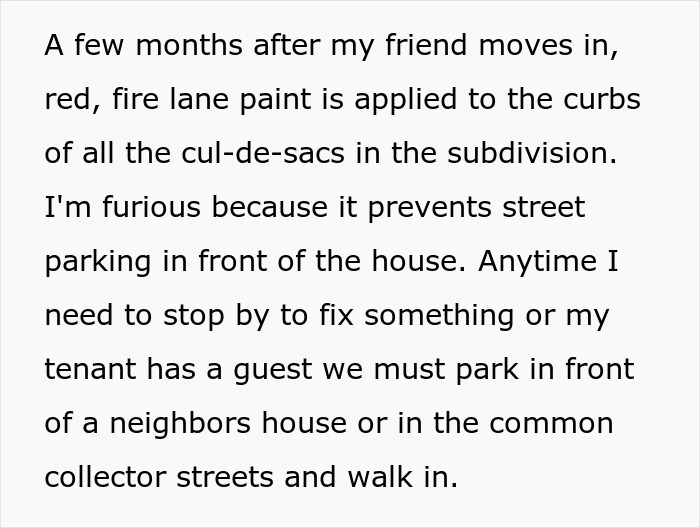 Text describing HOA's actions restricting street parking with fire lane paint in a subdivision, causing homeowner issues.