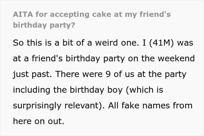 Text about attending a friend's birthday party and accepting cake.