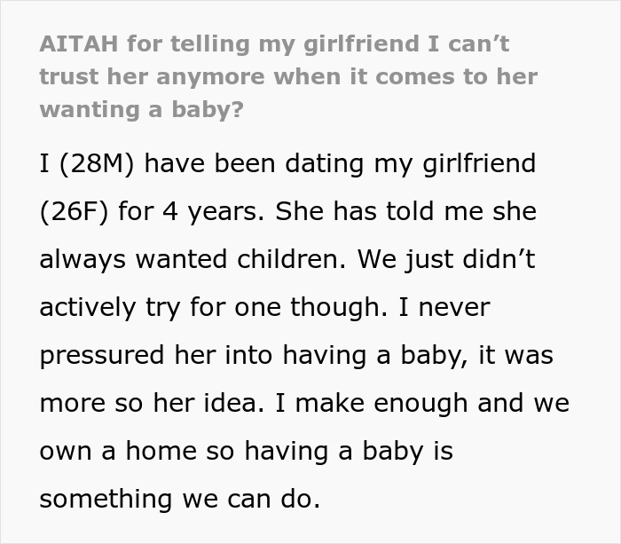 Text about a man's concerns over girlfriend and baby drama despite her desire for children.