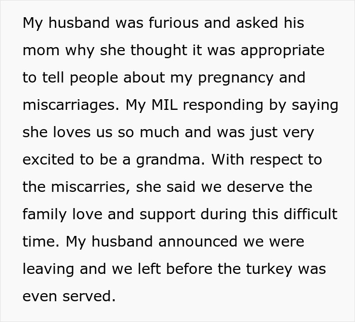 Text about a family conflict over sharing details of miscarriages during Thanksgiving.