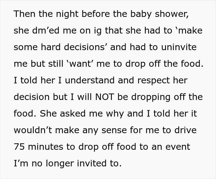 Text exchange about a woman who was uninvited from a baby shower, refusing to deliver the food she made.