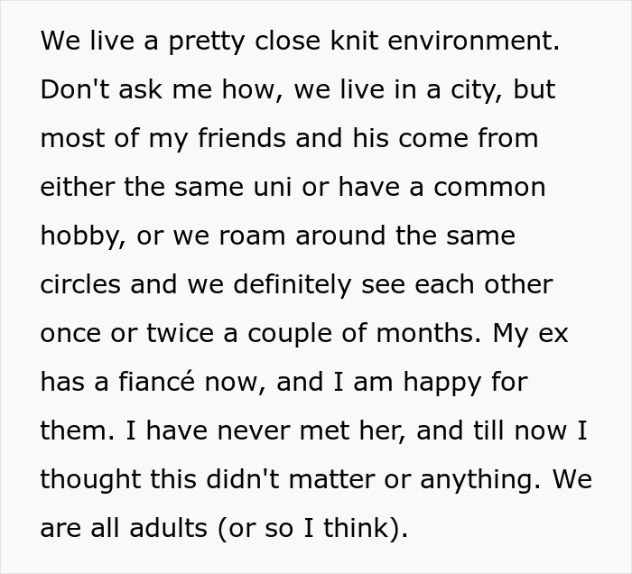 Text about a tight-knit social group, mentioning an ex's fiancé, highlighting relationship dynamics and occasional meet-ups.