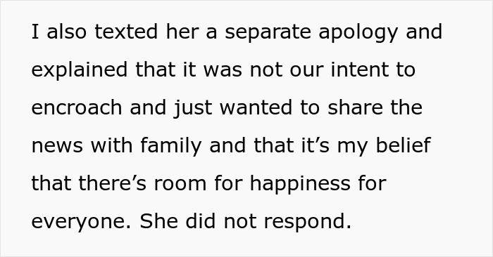 Text message apology about a brother's wedding engagement, explaining intent to share news with family.