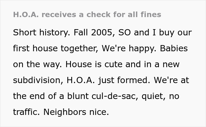 Text describing an HOA receiving a check, discussing a couple's new home in 2005, a quiet cul-de-sac, and friendly neighbors.