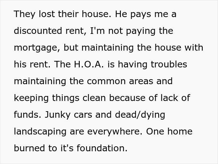 Text about HOA struggling with funds due to junk cars and dying landscaping, affecting community upkeep.