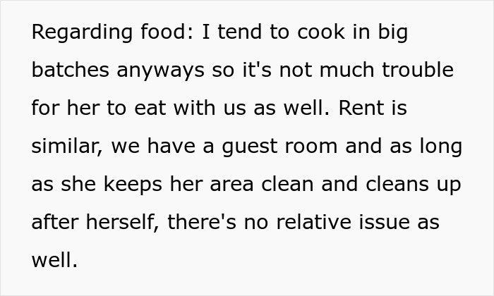 Text about cooking in batches and rent stability for a family member.