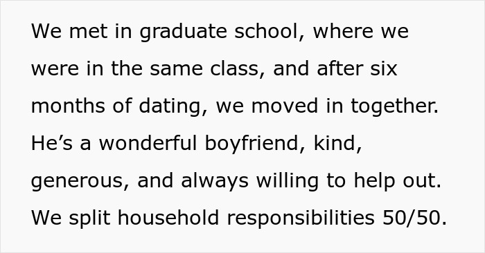 Text describing a couple\'s relationship from graduate school to moving in together.