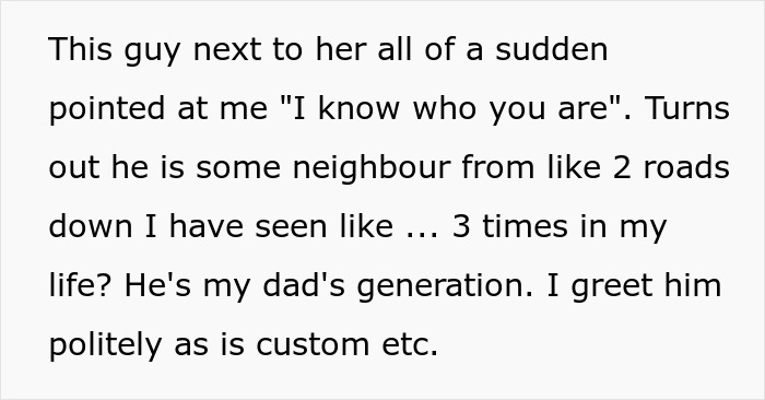 Text discussing an unexpected encounter with a neighbor, illustrating social customs and generational differences; related to fat-shaming.