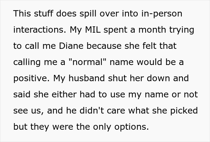 Text describing MIL mocking woman named Dove; husband's support.