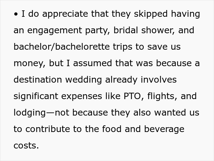 Text discussing groomsman struggles with affording destination wedding costs like PTO, flights, and lodging.